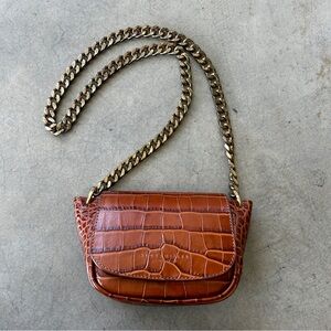 Simon Miller 👜 Mini Bend Cognac Crossbody with Antique Gold Chain